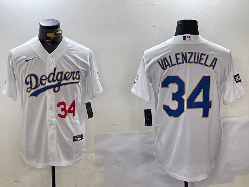 Mens Los Angeles Dodgers #34 Fernando Valenzuela Number White Gold Championship Stitched Cool Base Nike Jersey